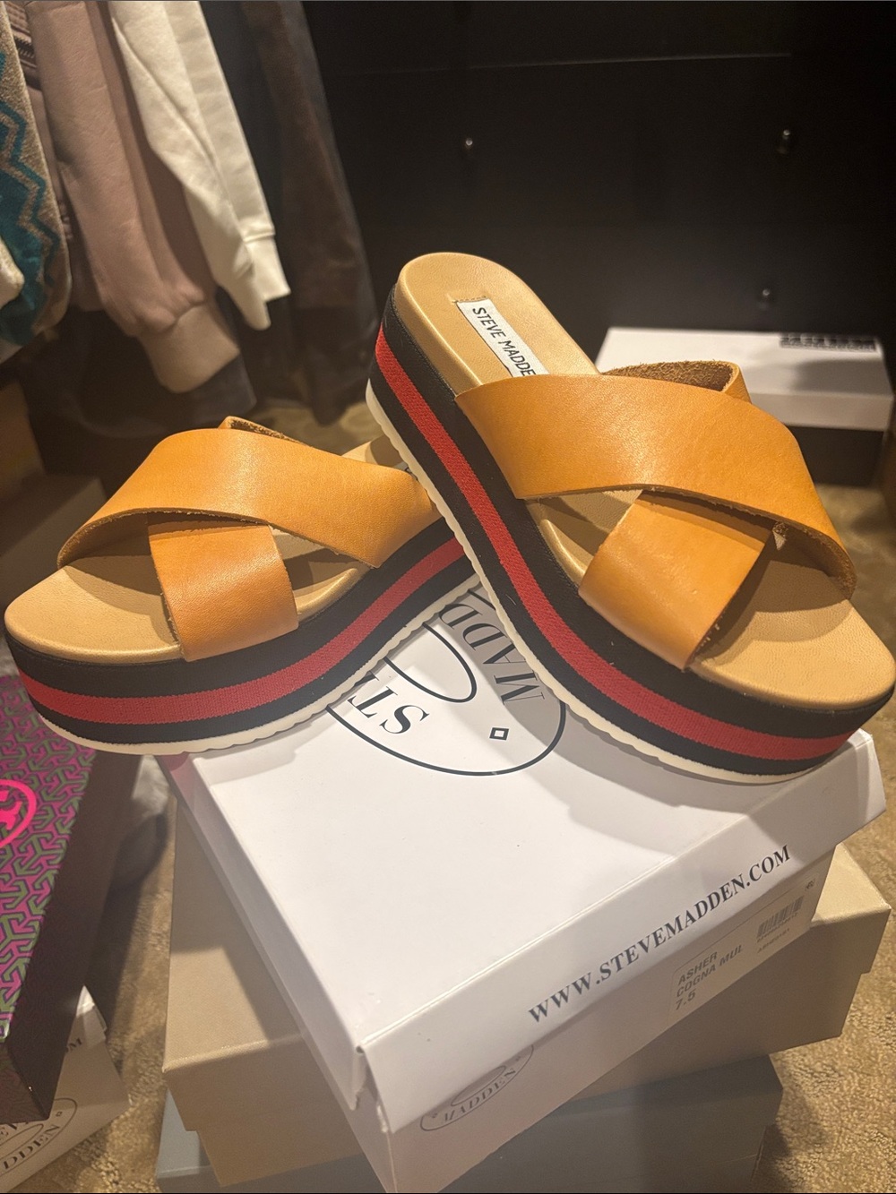 Steve Madden Tan & Black Striped Platform Slide Sandals